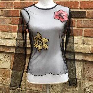 Black Mesh Top W/ Sequins Flowers